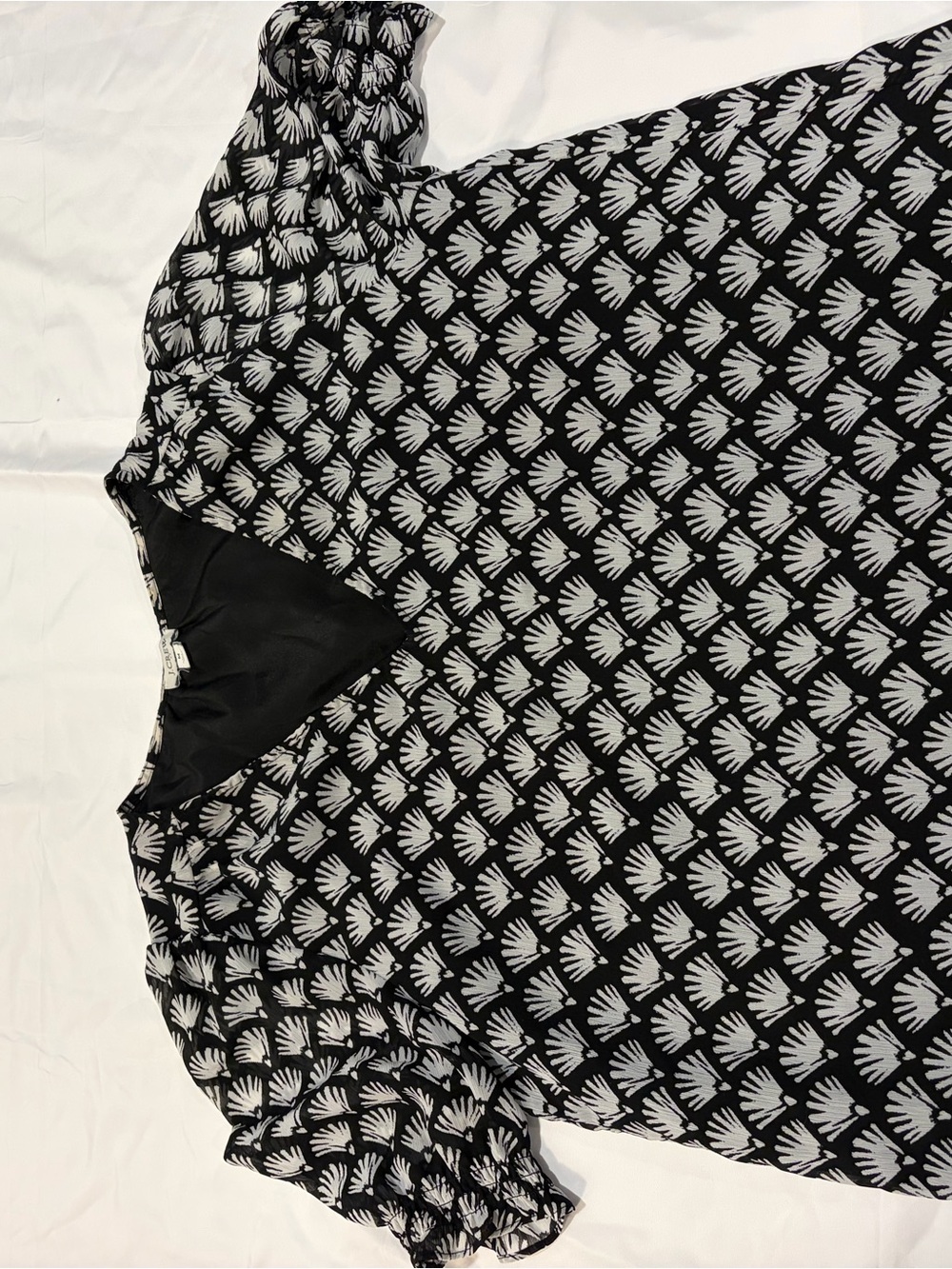 J. Crew Black and White Fan-Print Puff Sleeve Blouse